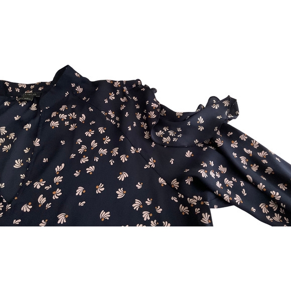 Ann Taylor Women's Large Navy Blue Blouse Floral Cold Shoulder Sleeve Polyester - Picture 11 of 11